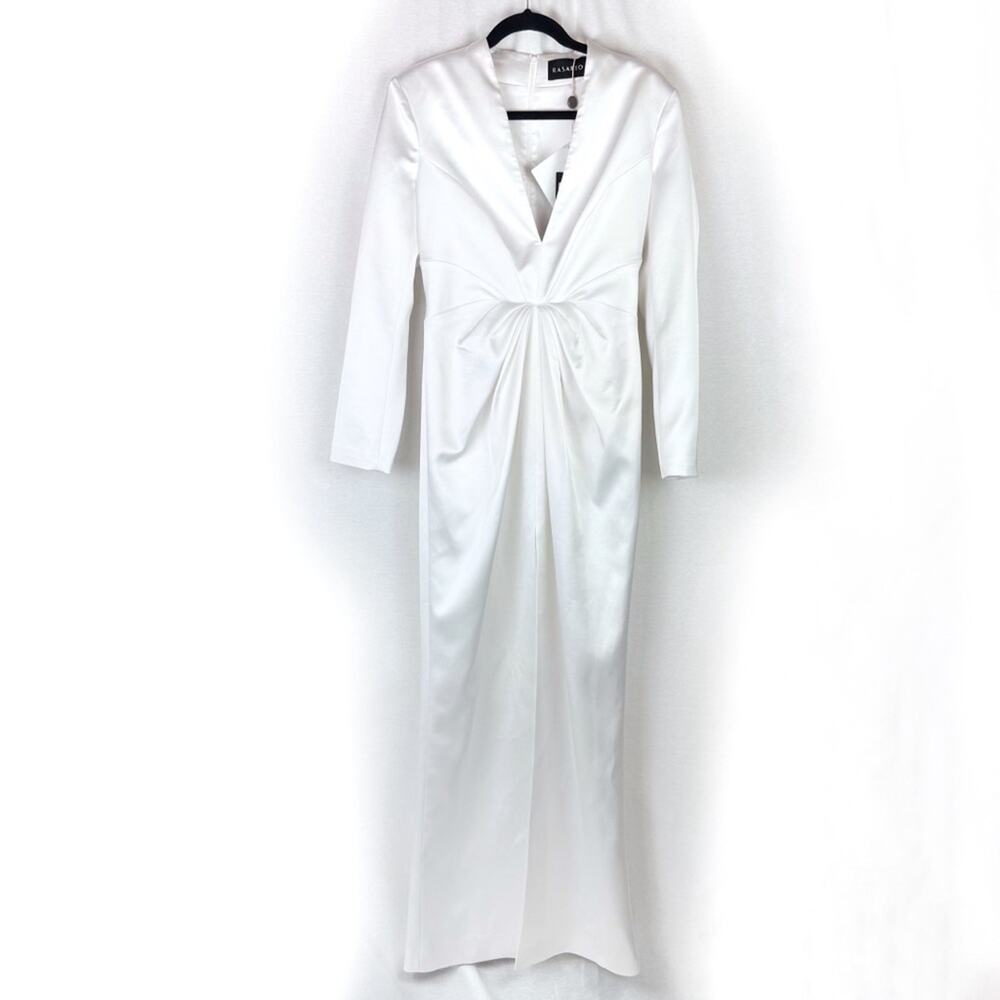 RASARIO White Satin Draped Long Sleeve V Neck Gown Dress Size FR 40 US 6 NWT